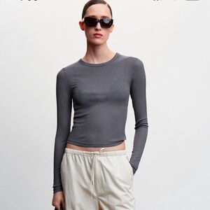 NWOT! Mango Blue Sheer Ribbed Knit Long Sleeve Basic Crew Neck T Shirt Crop Tee